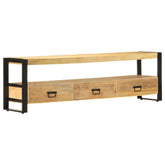 TV Stand Natural Wood, Black Solid Mango Wood, Powder-Coated Steel