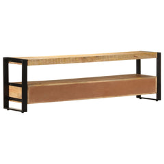 TV Stand Natural Wood, Black Solid Mango Wood, Powder-Coated Steel