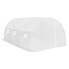 White PE mesh greenhouse with arched frame, measuring 177.2x118.1x78.7 inches.