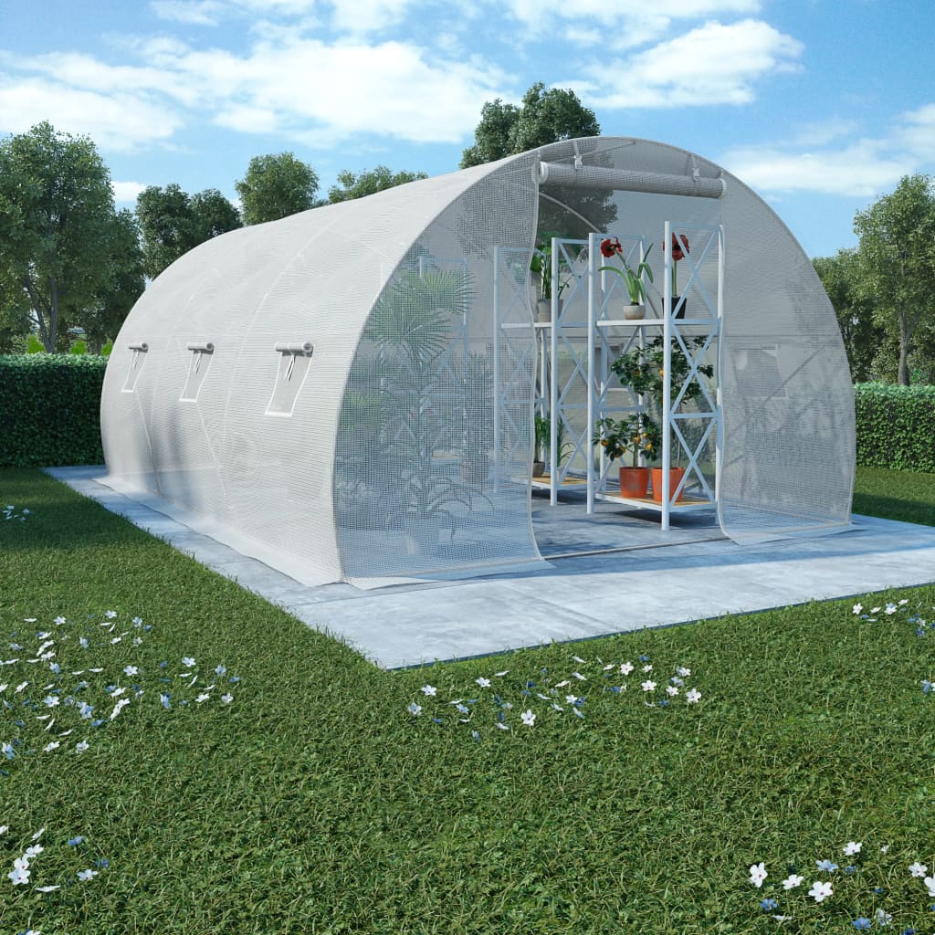 White PE mesh greenhouse, 177x118x79 inches, with plants and shelves in backyard.