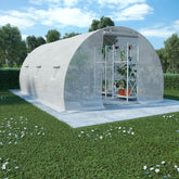White PE mesh greenhouse, 177x118x79 inches, with plants and shelves in backyard.