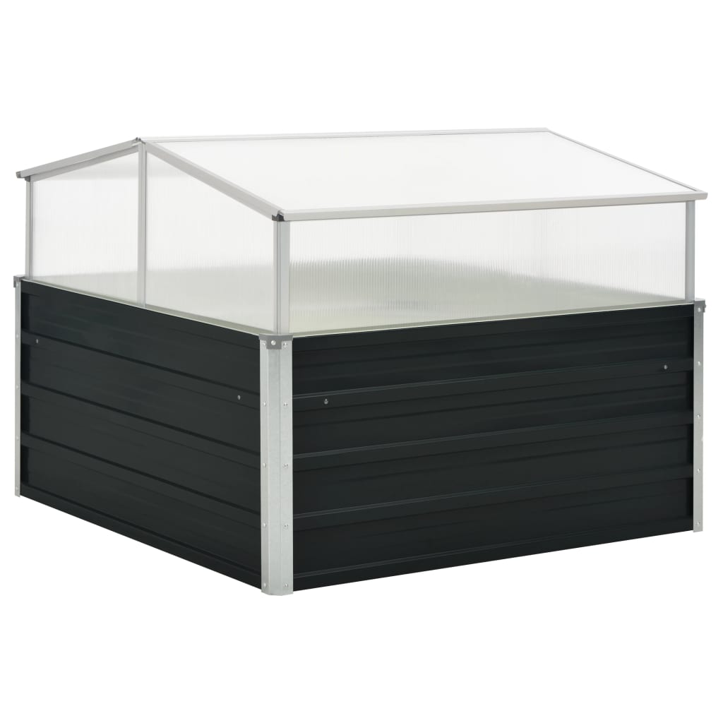 Anthracite galvanized steel greenhouse measuring 39.4x39.4x30.3 inches with clear PC board panels.
