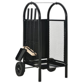 Black steel firewood cart with wheels, rack, and tools including poker, brush, and shovel.