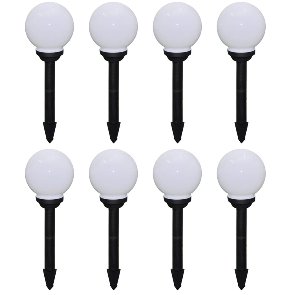 Eight 5.9-inch white LED solar pathway lights with black ground stakes.