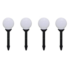 Four white globe solar pathway lights with black ground spikes.