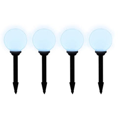 Four 5.9-inch LED solar pathway lights with frosted globes and black ground stakes.