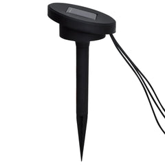 Six floating solar LED ball lights in black with ground spikes for ponds and pools.