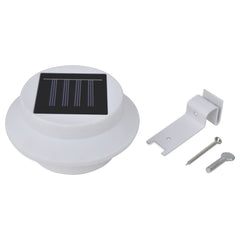 White solar LED fence light with solar panel and mounting bracket.