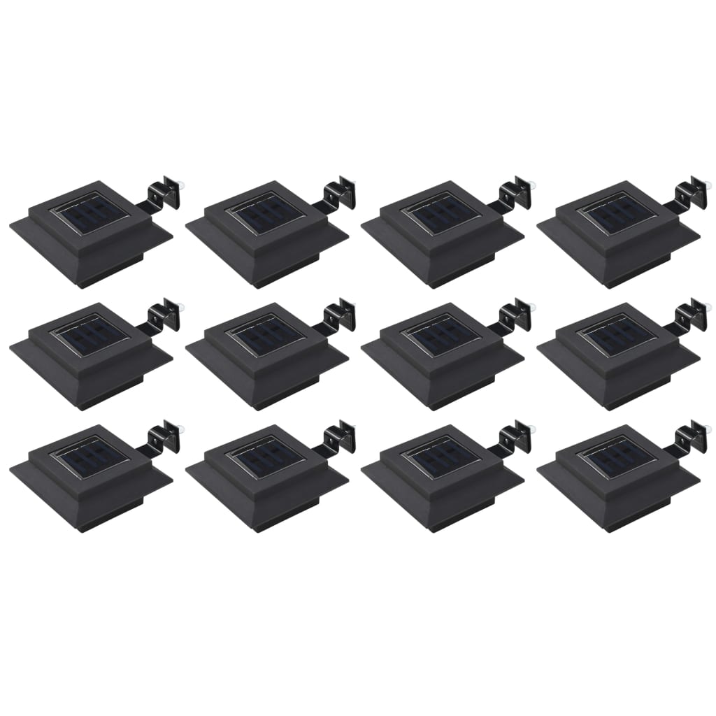 12 black square LED solar outdoor lights, each 4.7 inches, with mounting brackets.