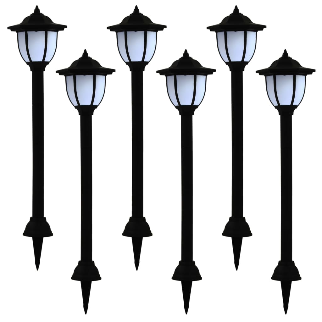 Six black LED solar garden lamps with stakes and glowing lanterns.