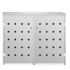 Stainless steel double wheelie bin shed with capacity for two 63.4-gallon bins.