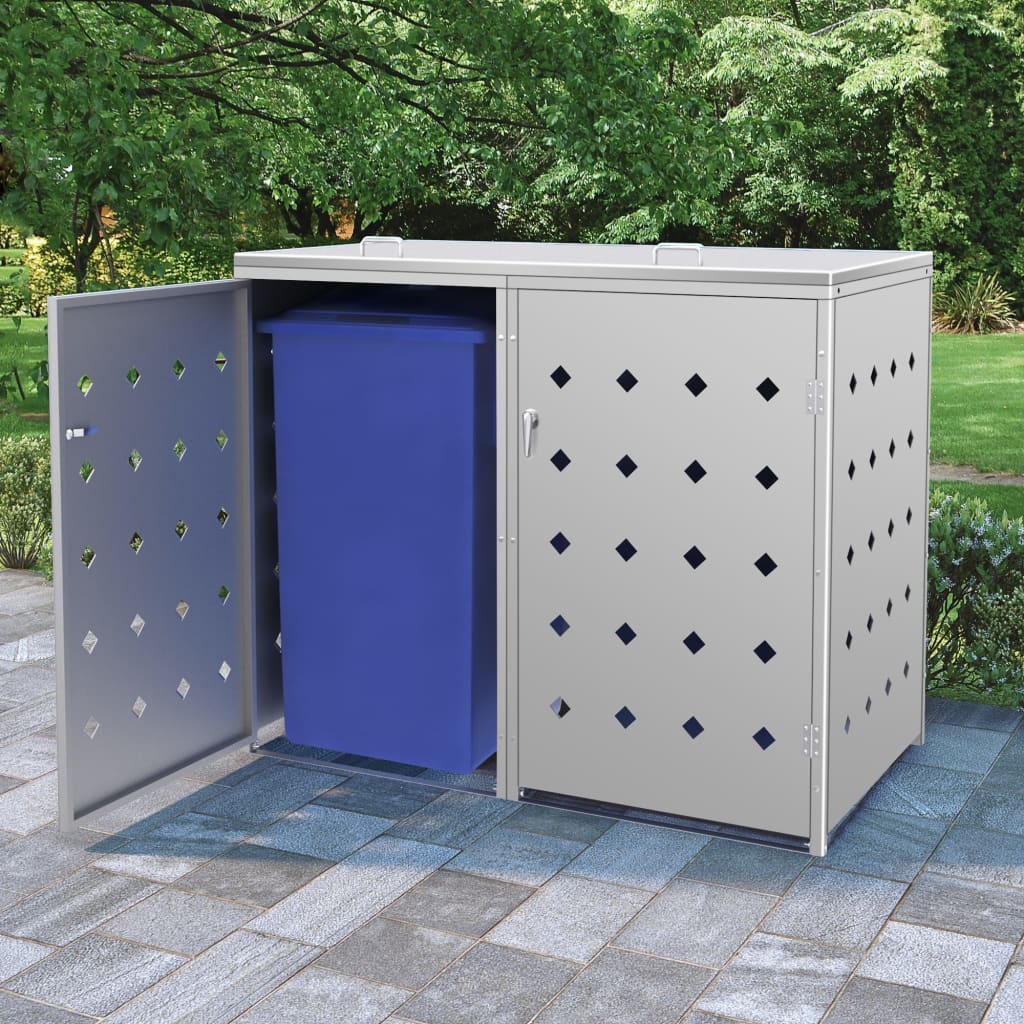 Stainless steel double wheelie bin shed for two 63.4-gallon bins with ventilation holes.