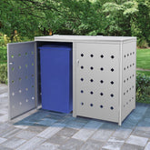 Stainless steel double wheelie bin shed for two 63.4-gallon bins with ventilation holes.