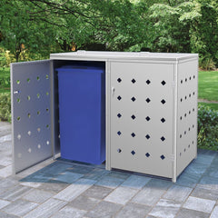 Stainless steel double wheelie bin shed for two 63.4-gallon bins with ventilation holes.