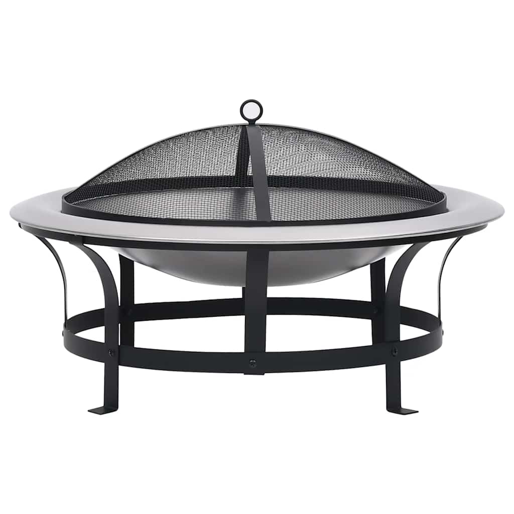 A 29.9-inch stainless steel outdoor fire pit with black metal stand, mesh spark screen, and grill grate.