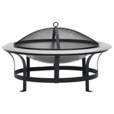A 29.9-inch stainless steel outdoor fire pit with black metal stand, mesh spark screen, and grill grate.