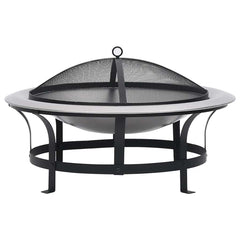 A 29.9-inch stainless steel outdoor fire pit with black metal stand, mesh spark screen, and grill grate.