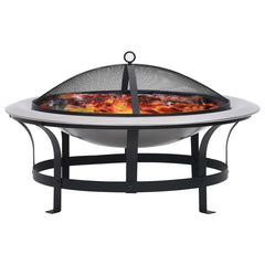 Stainless steel outdoor fire pit with grill, 29.9-inch bowl, mesh lid, and black legs.
