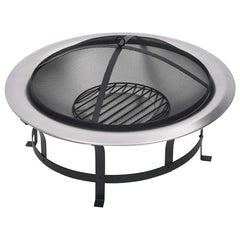 A 29.9-inch stainless steel outdoor fire pit with black metal legs, mesh spark screen, and included grill grate.