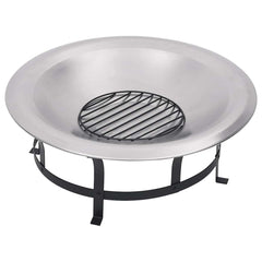 29.9-inch stainless steel outdoor fire pit with black metal stand and central grill grate.