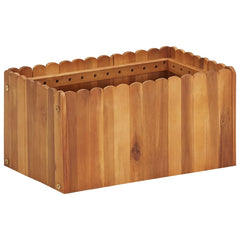 Rectangular raised garden bed made of solid acacia wood with scalloped edges.