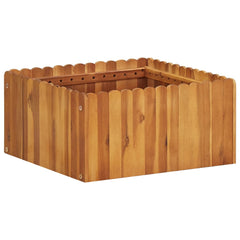 Square raised garden bed made of solid acacia wood, measuring 19.6x19.6x9.8 inches with scalloped edges.