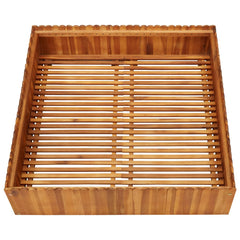 Square raised garden bed made of solid acacia wood with slatted base for drainage.