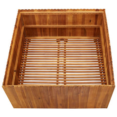Square wooden raised garden bed made of solid acacia wood with slatted base.