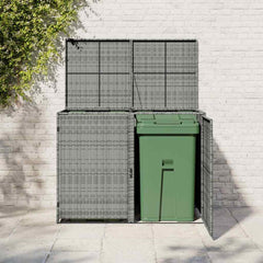 Anthracite PE rattan double wheelie bin shed with two compartments and liftable lid.