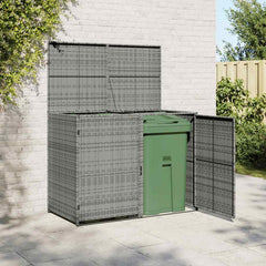 Anthracite PE rattan double wheelie bin shed with two doors and a liftable lid for easy access.