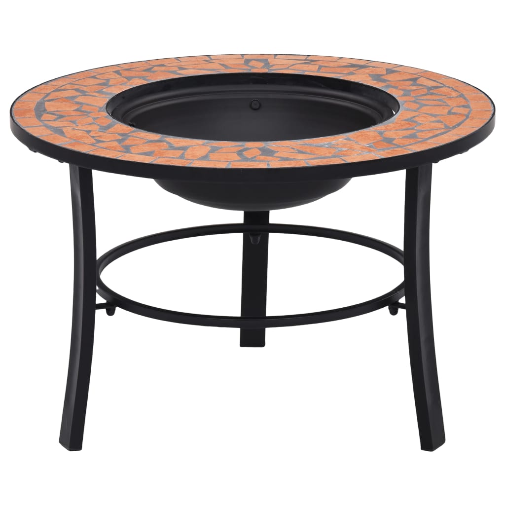 26.8-inch round terracotta mosaic ceramic fire pit on black metal stand.