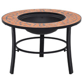 26.8-inch round terracotta mosaic ceramic fire pit on black metal stand.