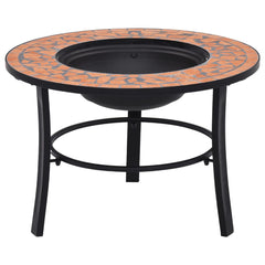 26.8-inch round terracotta mosaic ceramic fire pit on black metal stand.