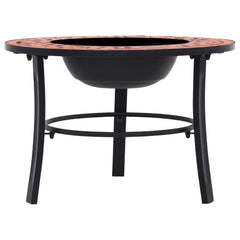 26.8-inch mosaic terracotta ceramic fire pit with black metal bowl and three-leg stand.