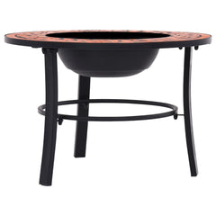 26.8-inch terracotta mosaic ceramic fire pit with black metal legs and bowl.
