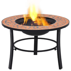 26.8-inch mosaic terracotta ceramic fire pit with burning flames in the bowl.