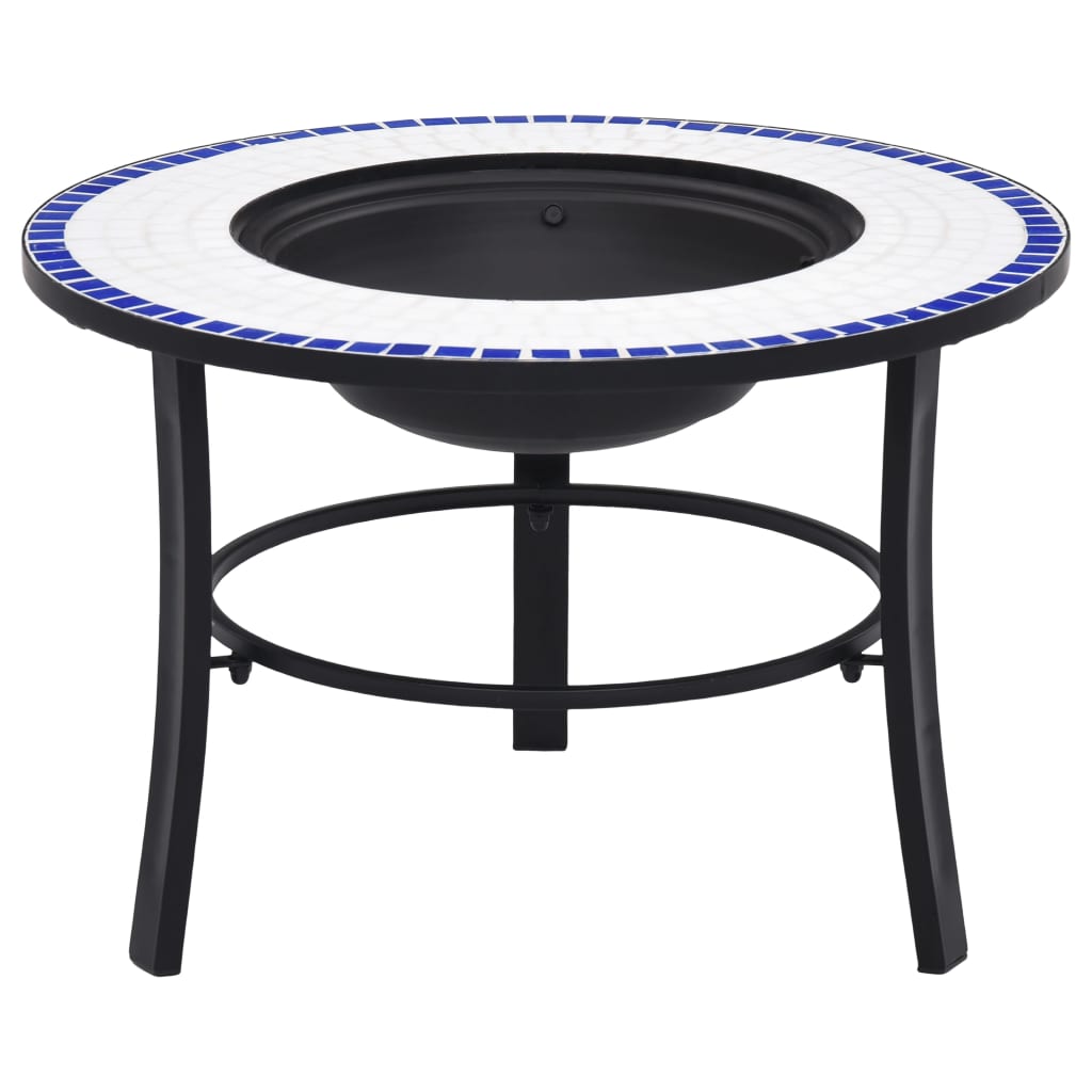 26.8-inch blue and white mosaic ceramic fire pit with black metal legs and central fire bowl.