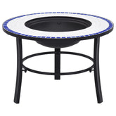26.8-inch blue and white mosaic ceramic fire pit with black metal legs and central fire bowl.