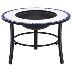 26.8-inch blue and white mosaic ceramic fire pit with black metal legs and central fire bowl.
