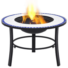 Blue and white mosaic ceramic fire pit with flames, 26.8-inch round table design.