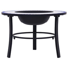 A 26.8-inch round mosaic blue and white ceramic fire pit with black metal legs and bowl.