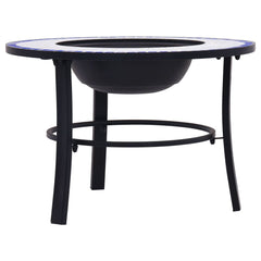 26.8-inch round mosaic blue and white ceramic fire pit with black metal legs and bowl.