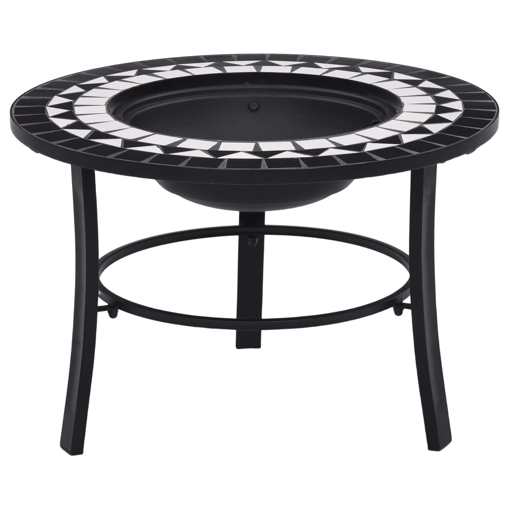 Black and white mosaic ceramic fire pit with 26.8-inch steel bowl on three-leg stand.
