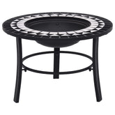 Black and white mosaic ceramic fire pit with 26.8-inch steel bowl on three-leg stand.