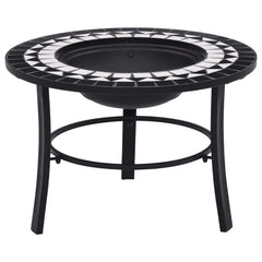 Black and white mosaic ceramic fire pit with 26.8-inch steel bowl on three-leg stand.