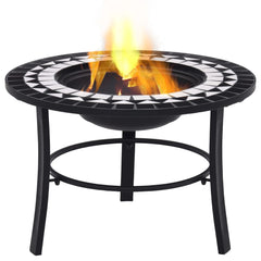 Round black and white mosaic ceramic fire pit with flames, 26.8 inches wide on metal legs.