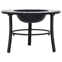 Black and white mosaic ceramic fire pit with 26.8-inch steel bowl on three-leg stand.