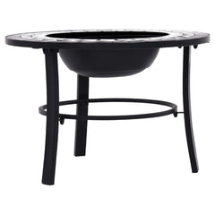 A black fire pit with a round mosaic tile rim and a three-leg stand.