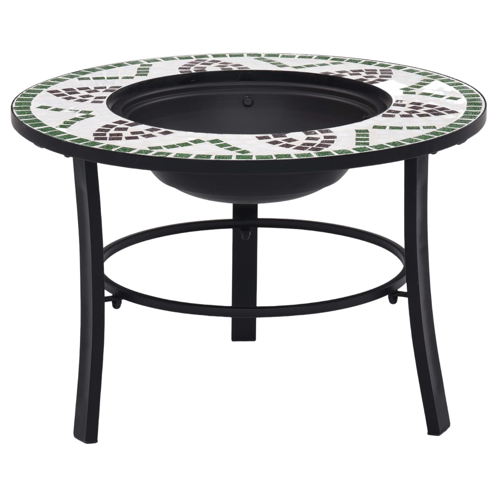 Round mosaic fire pit with green ceramic tiles and black steel legs, 26.8 inches wide.
