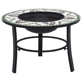 Round mosaic fire pit with green ceramic tiles and black steel legs, 26.8 inches wide.